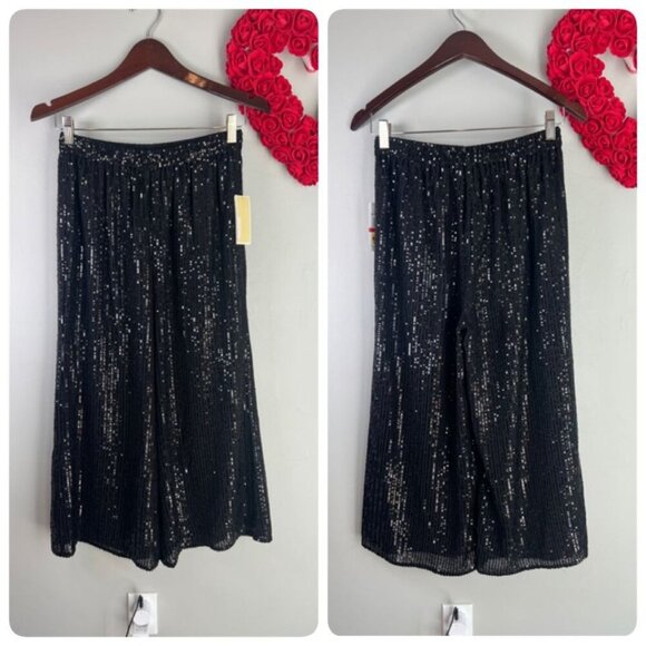 Michael Michael Kors Women's XS Sequin Cropped Wide-Leg Pants Xtra Small Black - Picture 1 of 10
